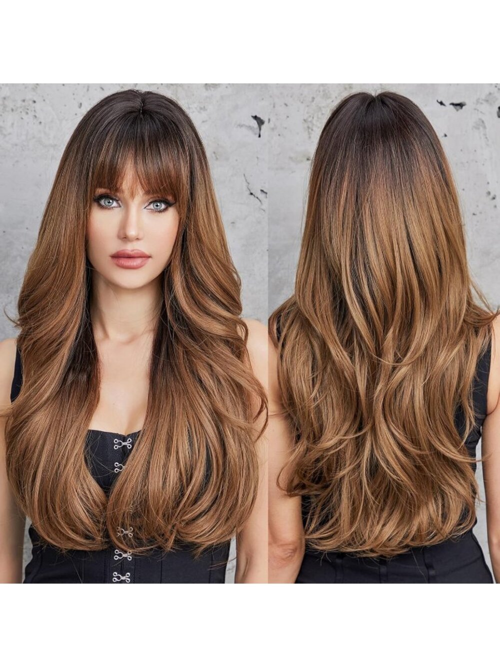 Women's Ombre Brown Heat Resistant Long Curly Wavy Synthetic Wig Bangs Size 26In